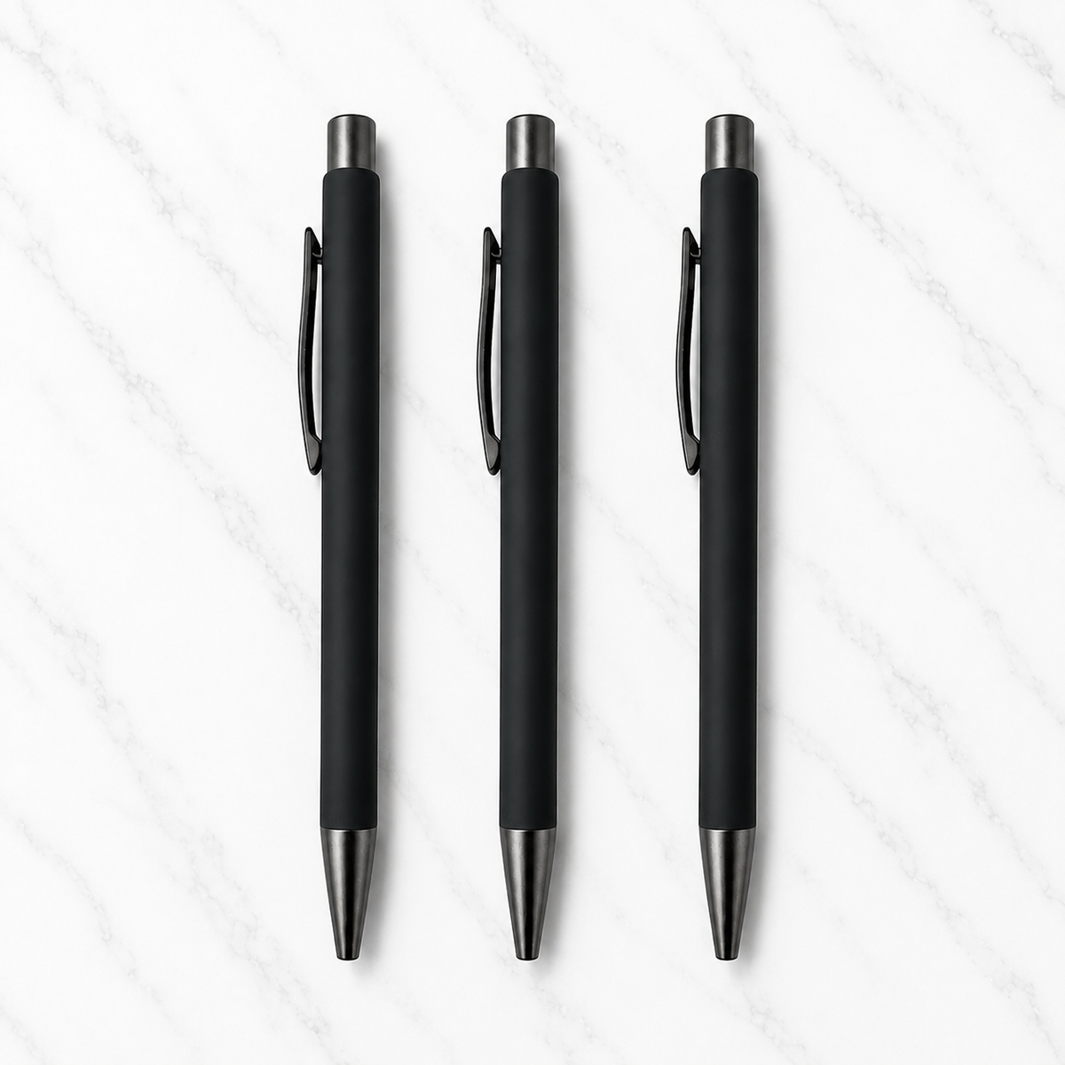 Ballpen Bazaar Set of 3 Matt Black Click Ball Pens with Gunmetal Clip – Blue Ink with Name Engraving