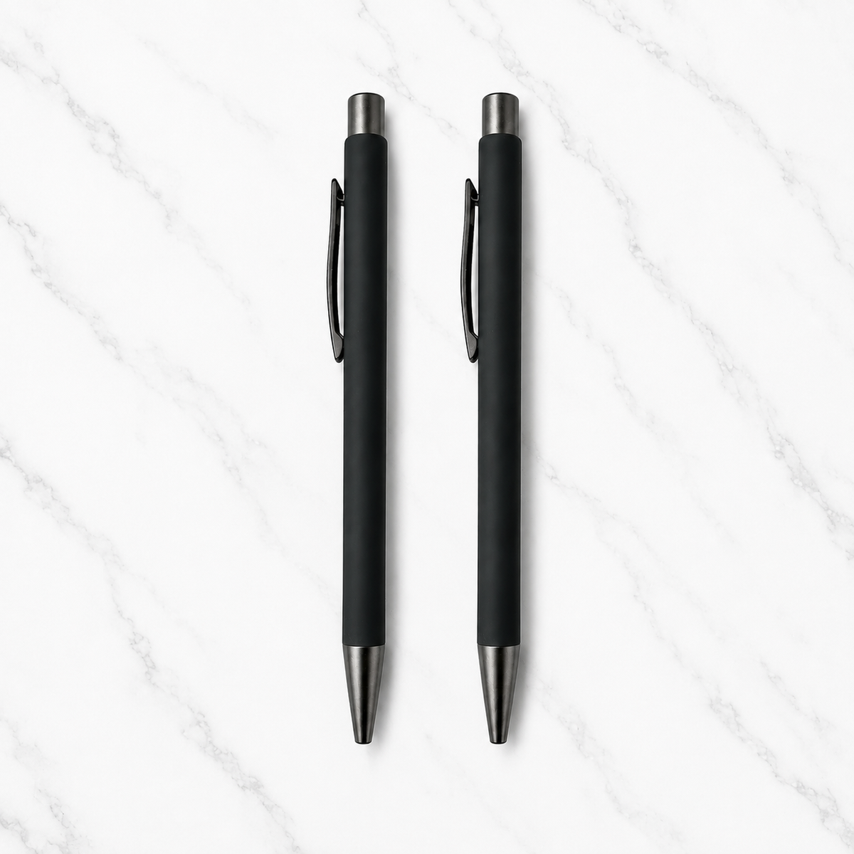 Ballpen Bazaar Set of 2 Matt Black Click Ball Pens with Gunmetal Clip – Blue Ink with Name Engraving