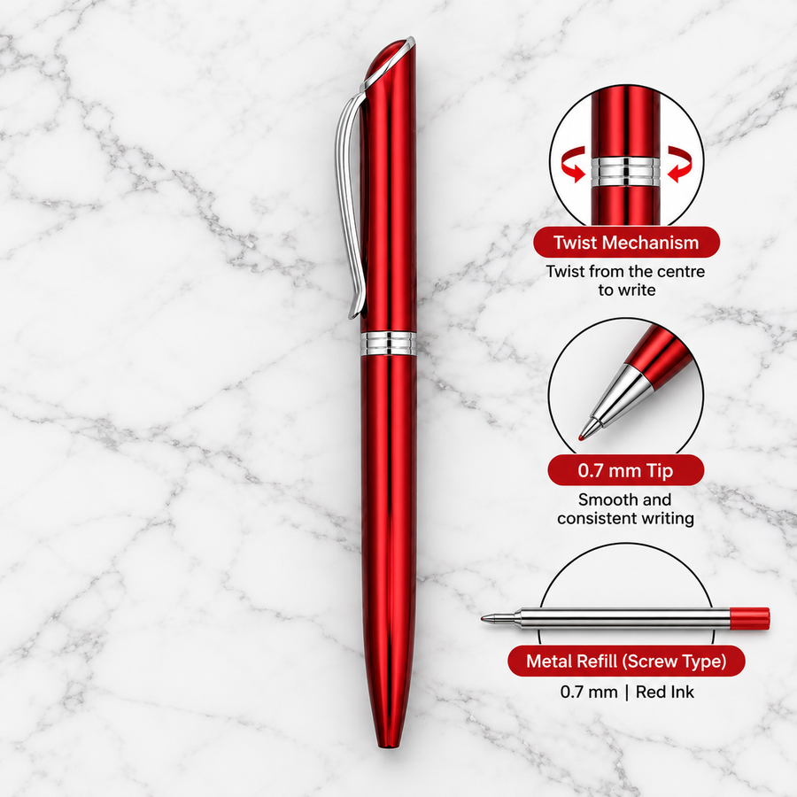 Metallic Glossy Red Ball Pen with Silver Clip | Twist Mechanism | Red Ink | 1 Extra Refill