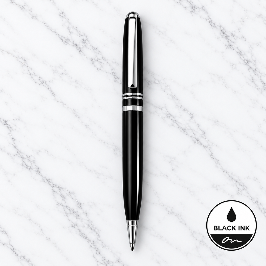Ball Pen Bazaar Metallic Glossy Black Ball Pen with Silver Clip & Ring | Twist Mechanism | Black Ink | 1 Extra Refill