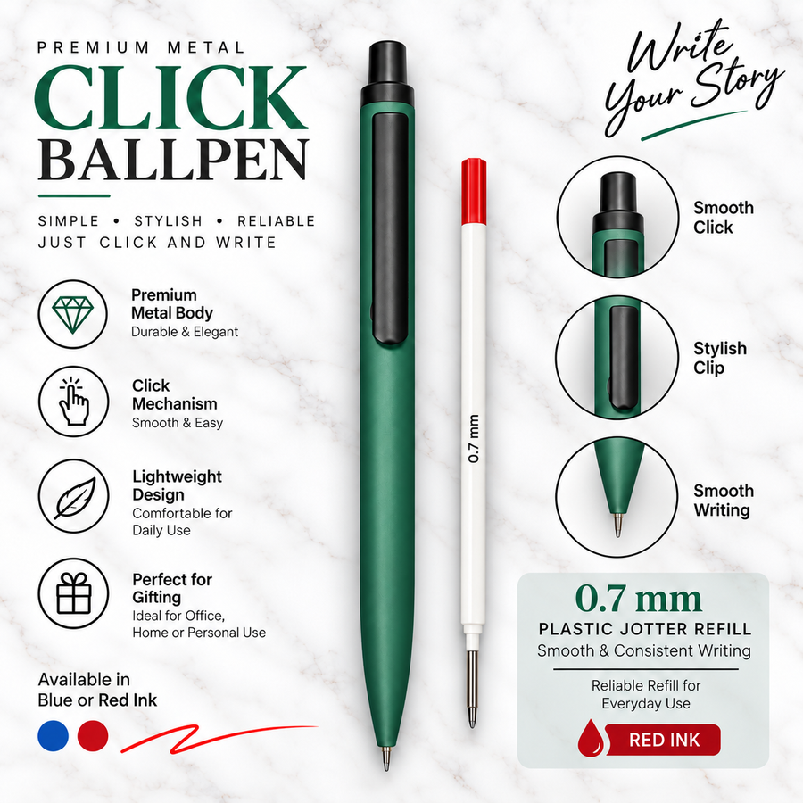 Ballpen Bazaar Matt Green Ball Pen with Black Clip | Click Mechanism | Red Ink | 1 Extra Refill