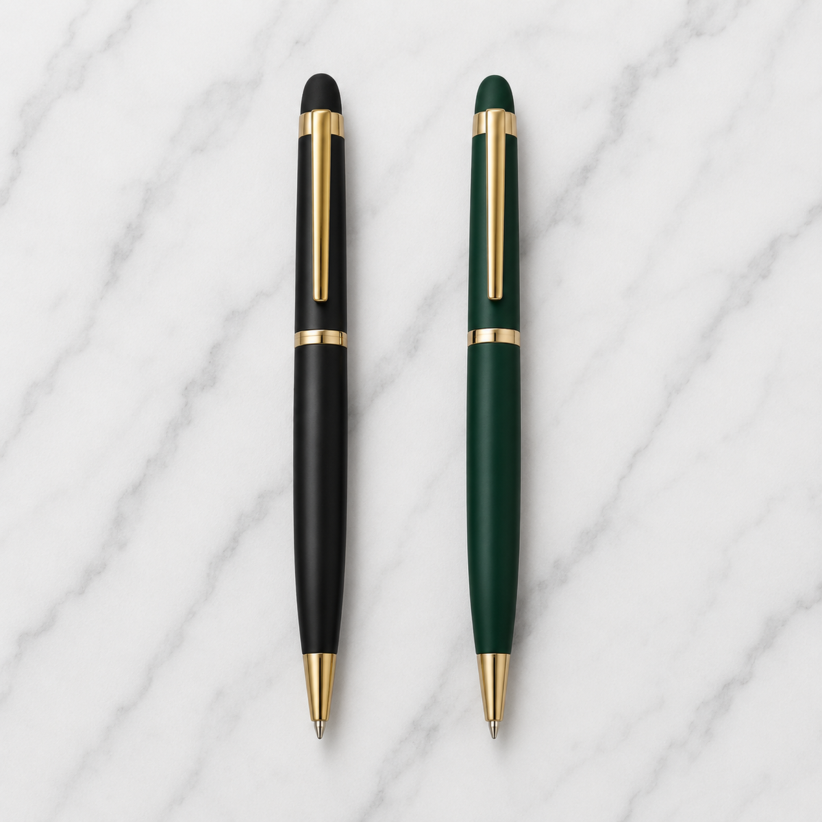 Set of 2 Metal Twist Ball Pens – Matt Black & Matt Green Body with Glossy Gold Clip | Blue Ink | 2 Pens + 2 Free Refills