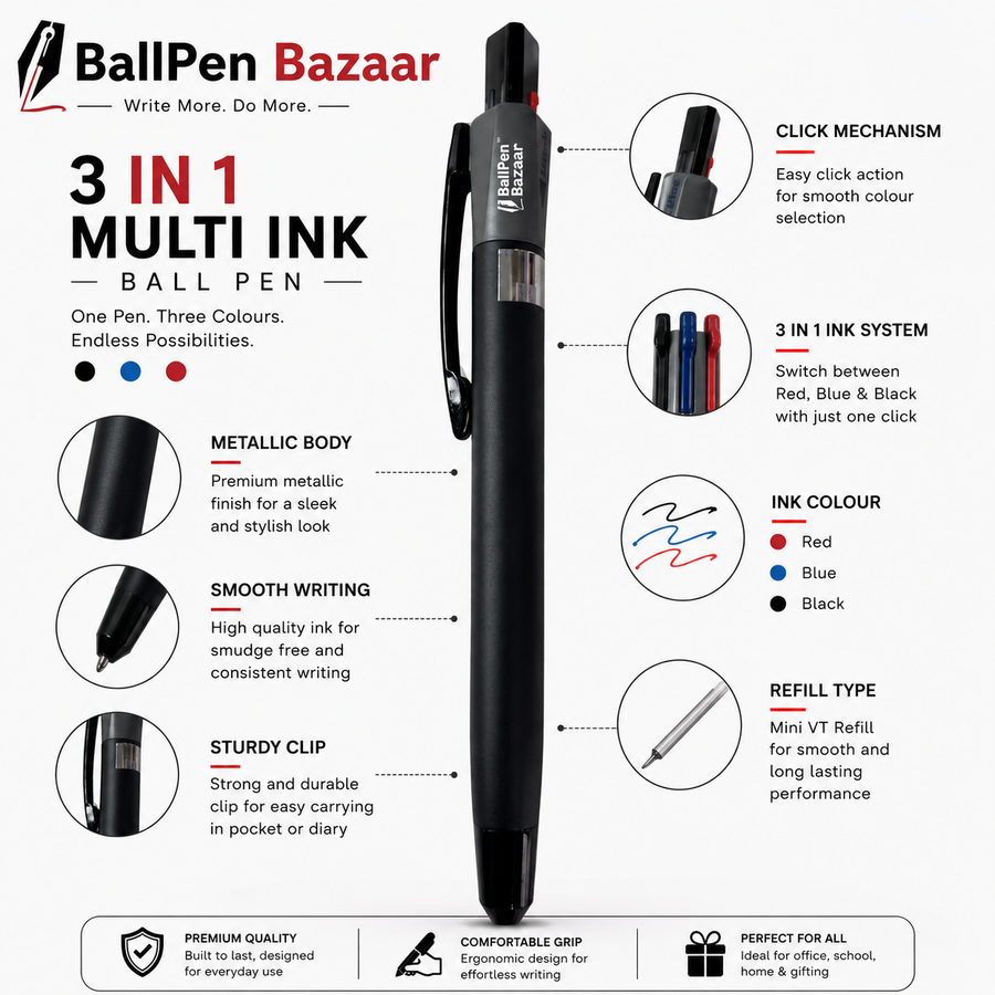 3-in-1 Matt Black Multi Ink Ball Pen, Click, Blue, Black & Red — Ballpen Bazaar