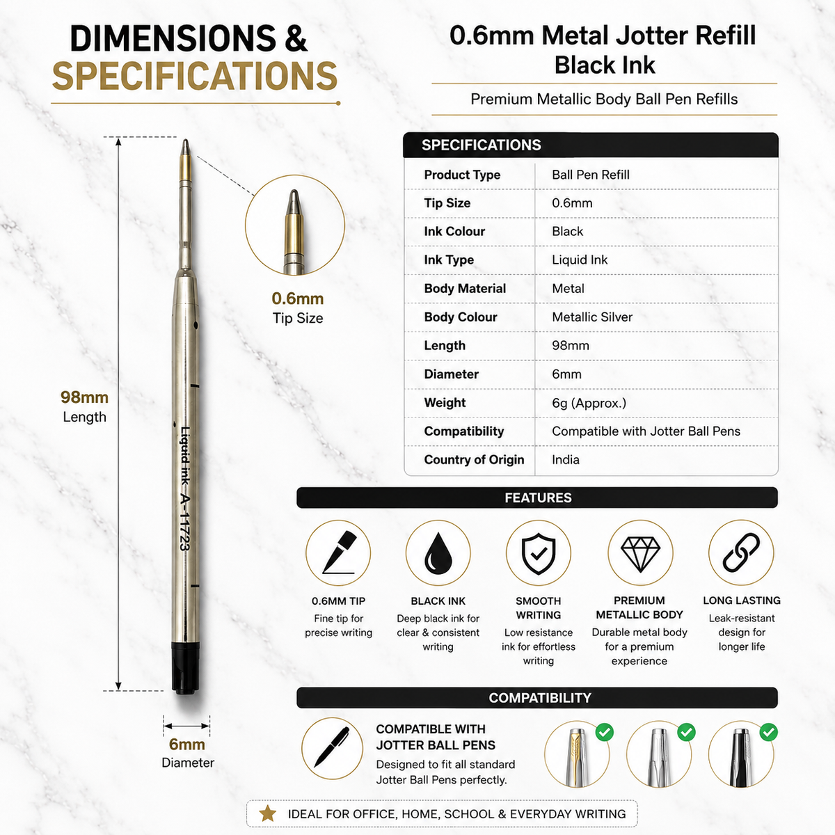 0.6 mm black ink metal jotter refill for compatible ball pens