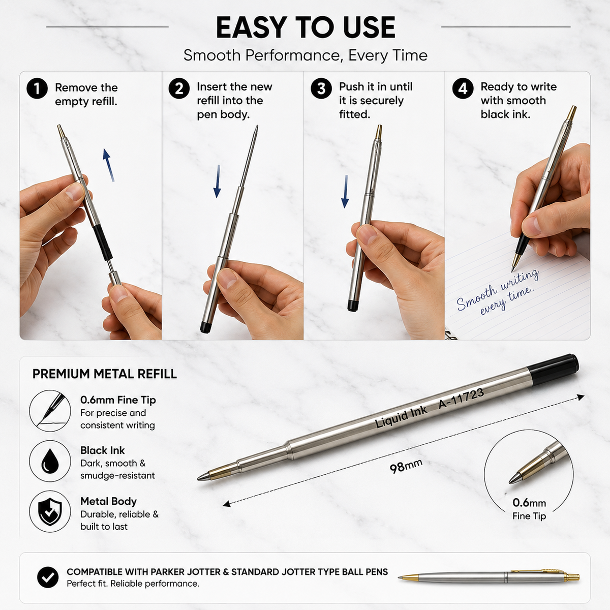0.6 mm black ink metal jotter refill for compatible ball pens