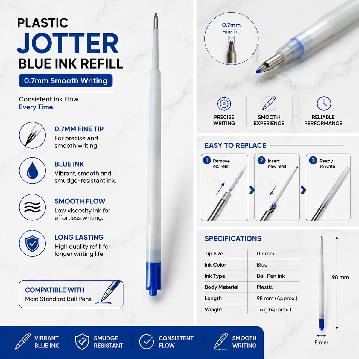 Blue ink plastic jotter refill for compatible ball pens