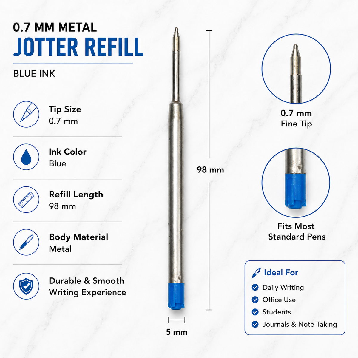 Blue ink metal jotter refill for compatible ball pens
