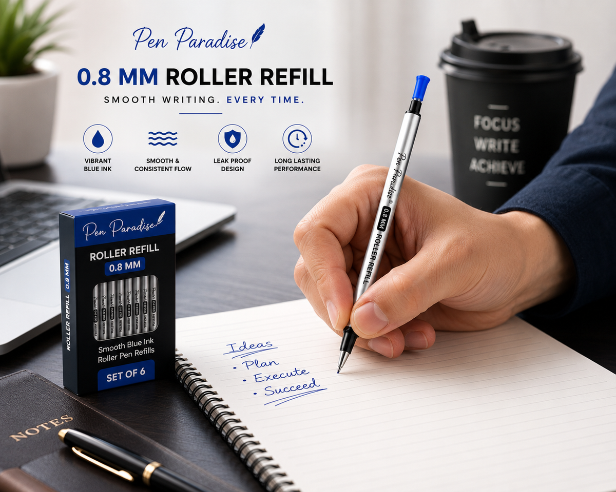 Ballpen Bazaar Ballpen Bazaar 0.8 MM Roller Blue Ink Refill Plastic Silver Body Smooth Writing Pen Refill Pack of 6 with Name Engraving
