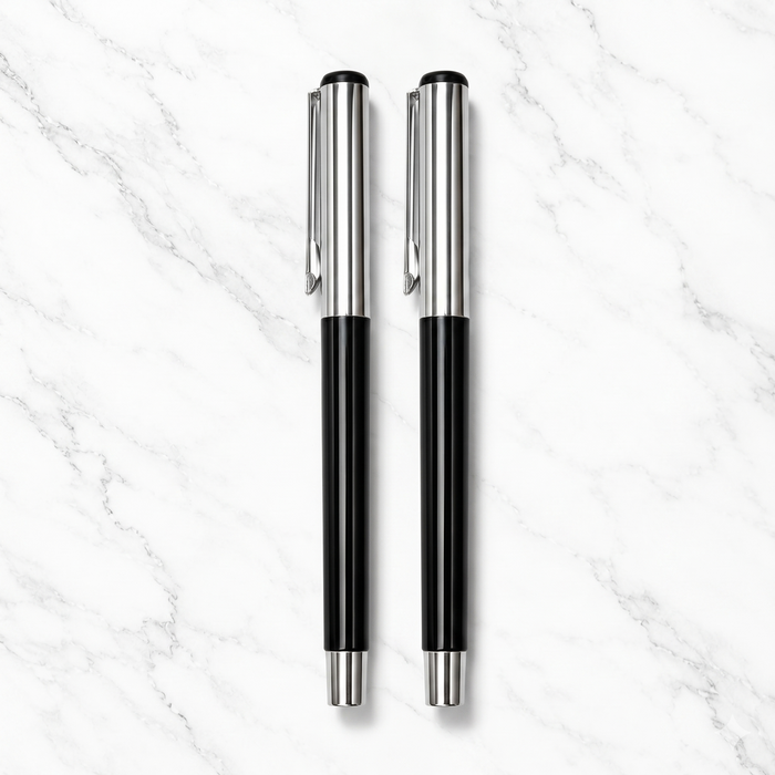 Ballpen Bazaar Ballpen Bazaar 2 Pcs Metallic Glossy Black Ball Pen Set with Silver Cap, Openable Mechanism, Blue Ink, 2 Extra Refills with Name Engraving