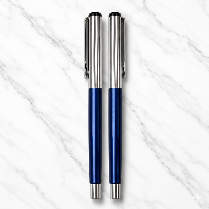 Ballpen Bazaar Ballpen Bazaar 2 Pcs Metallic Glossy Blue Ball Pen Set with Silver Cap | Openable Metal Ball Pens | Blue Ink | Includes 2 Extra Refills with Name Engraving