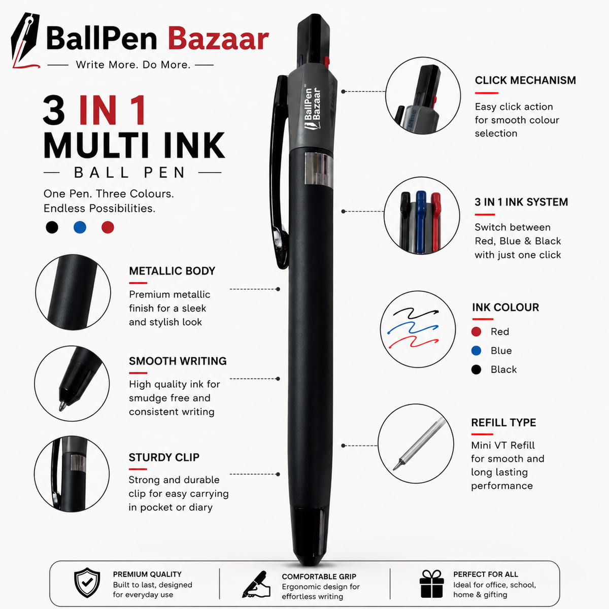 Ballpen Bazaar Ballpen Bazaar 3 in 1 Multi Ink Matt Black Ball Pen with Black Clip | Click Mechanism | Blue, Black & Red Ink | 3 Free Refills | Pack of 1 with Name Engraving