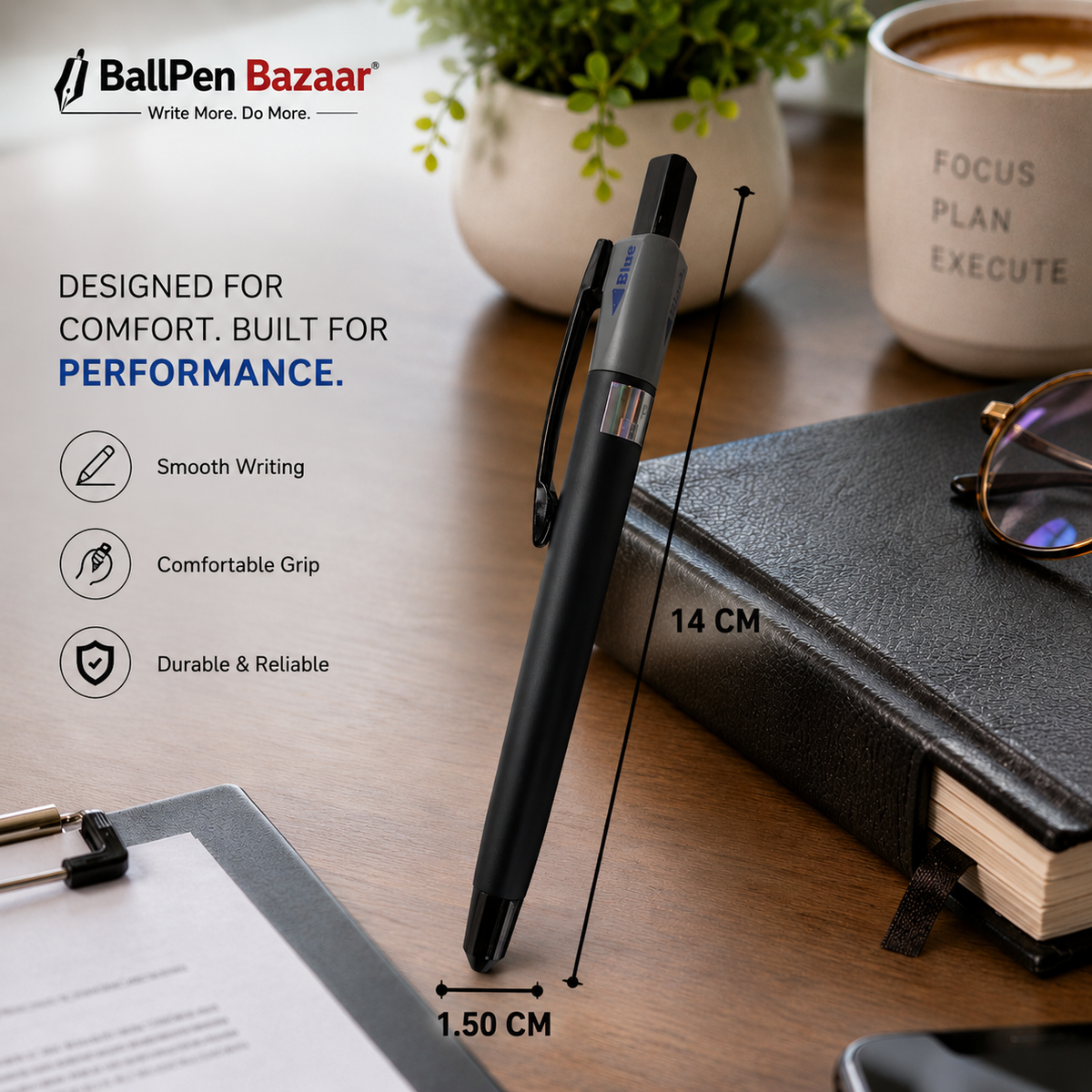 Ballpen Bazaar Ballpen Bazaar 3 in 1 Multi Ink Matt Black Ball Pen with Black Clip | Click Mechanism | Blue, Black & Red Ink | 3 Free Refills | Pack of 1 with Name Engraving