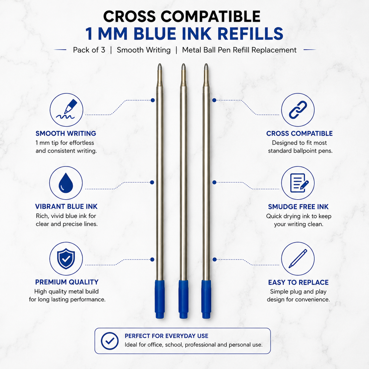 Ballpen Bazaar Ballpen Bazaar Cross Compatible 1mm Blue Ink Refills Pack of 3 | Smooth Writing Metal Pen Refill Replacement with Name Engraving
