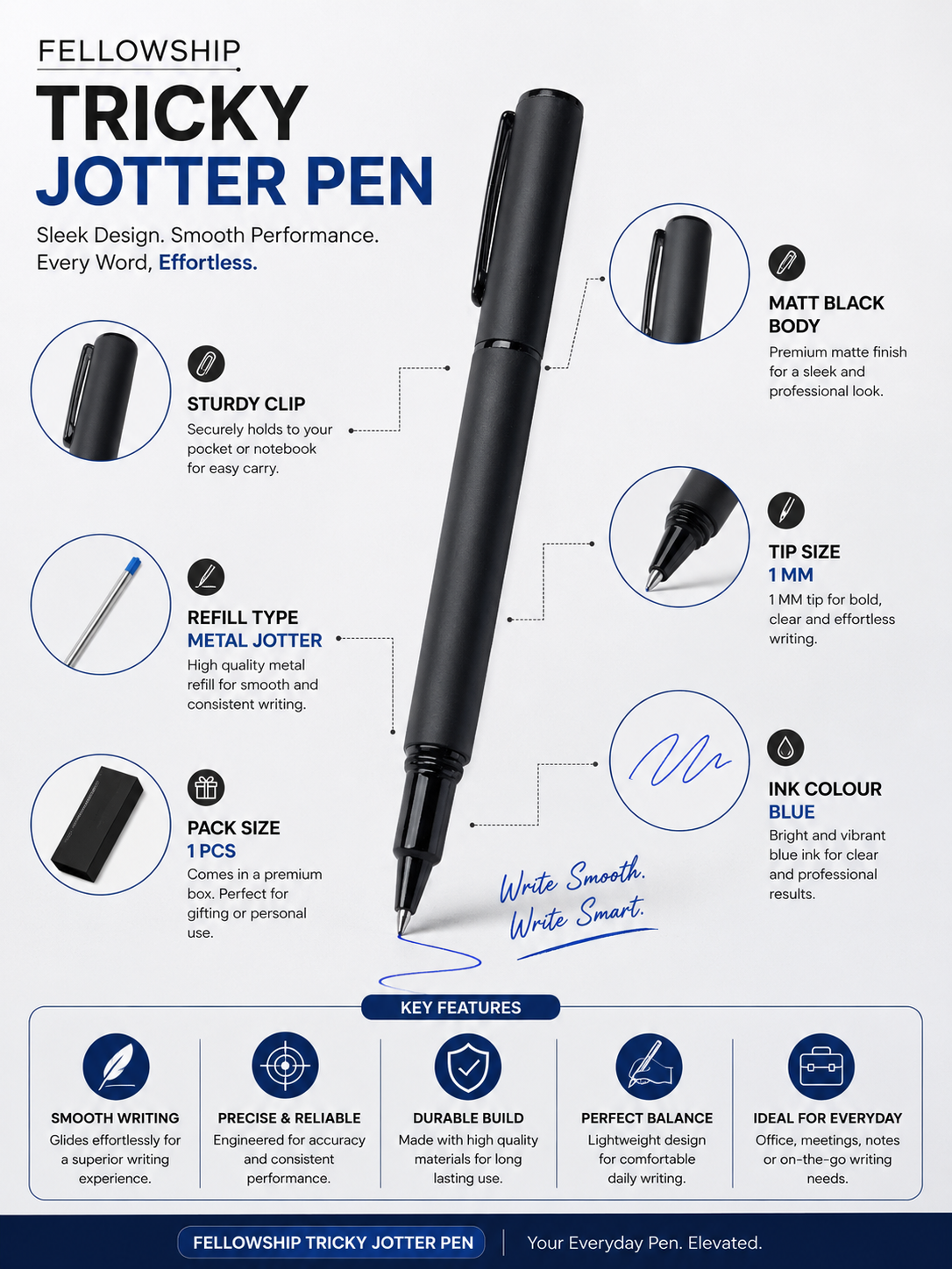 Ballpen Bazaar Ballpen Bazaar Fellowship Tricky Jotter Matt Full Black Ball Pen with Black Cap | Press Click Mechanism | Blue Ink | 1 Pen + 1 Extra Refill with Name Engraving