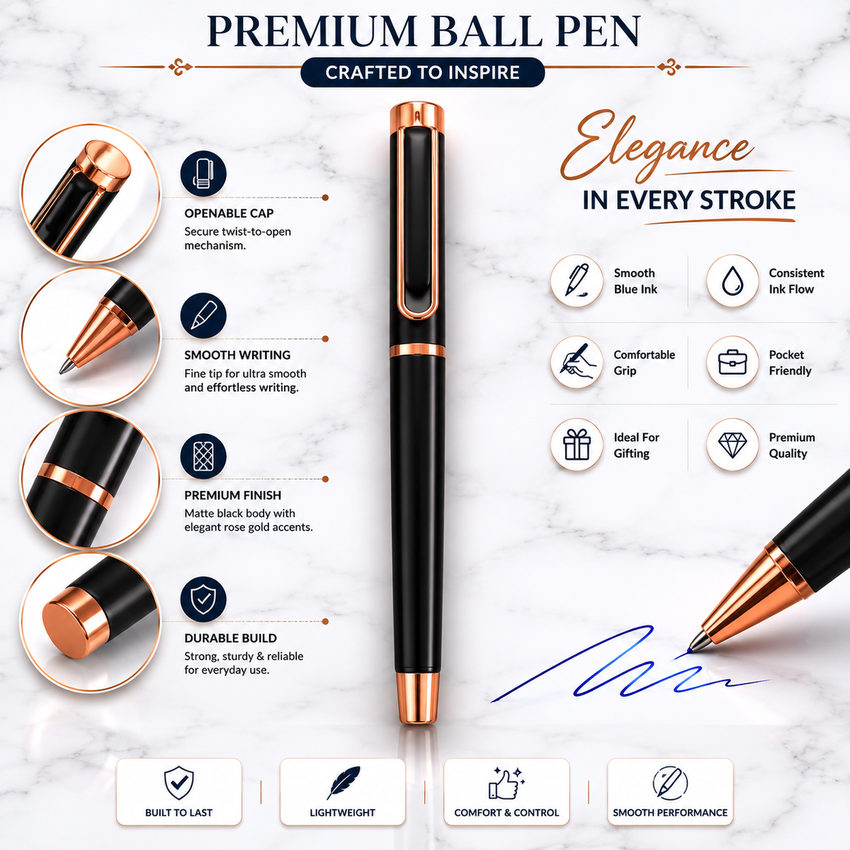 Ballpen Bazaar Ballpen Bazaar Matt Black Ball Pen with Black Cap & Copper Clip | Openable Metal Ball Pen | Blue Ink | 1 Pen with 1 Extra Blue Refill | Premium Executive Writing Pen with Name Engraving
