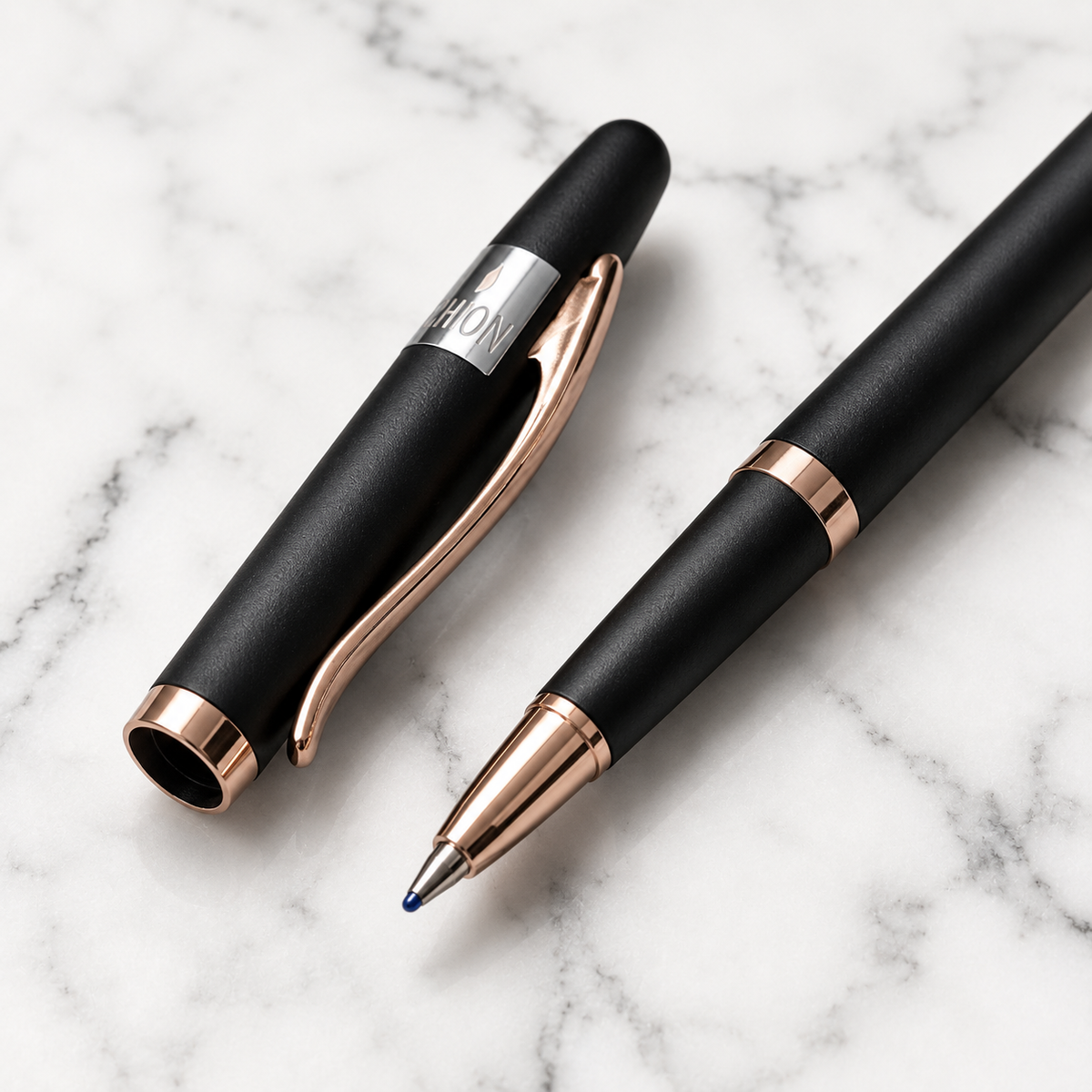 Ballpen Bazaar Ballpen Bazaar Matt Black Ball Pen with Black Cap & Copper Clip | Openable Metal Ball Pen | Blue Ink | 1 Pen with 1 Extra Blue Refill | Premium Writing Pen with Name Engraving