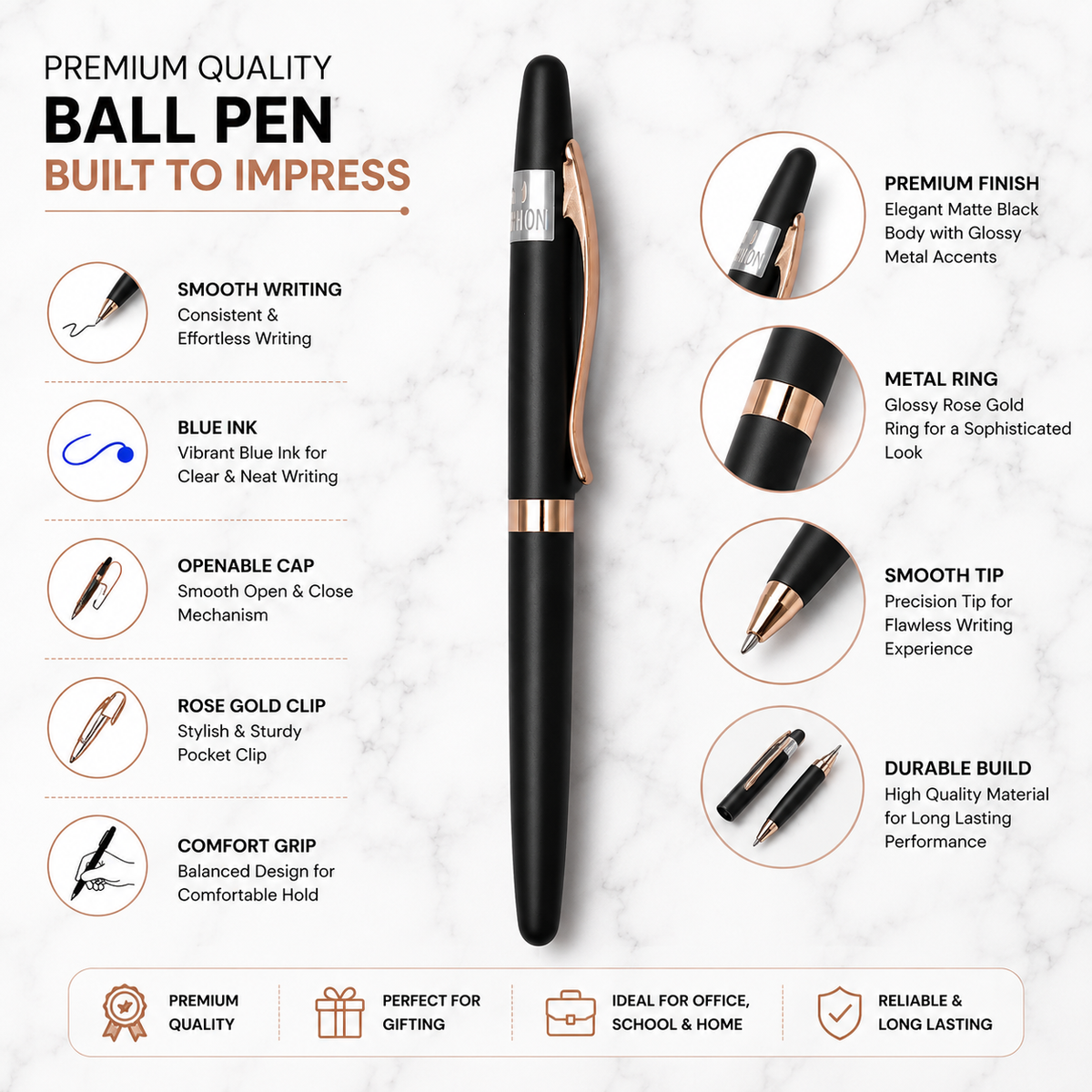 Ballpen Bazaar Ballpen Bazaar Matt Black Ball Pen with Black Cap & Copper Clip | Openable Metal Ball Pen | Blue Ink | 1 Pen with 1 Extra Blue Refill | Premium Writing Pen with Name Engraving