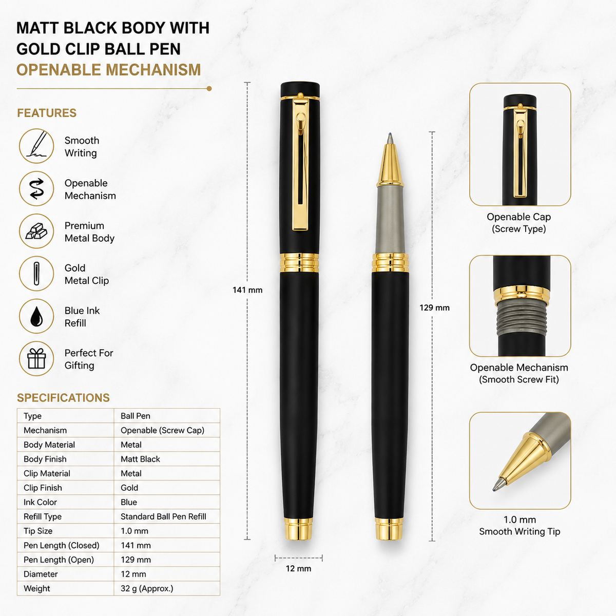 Ballpen Bazaar Ballpen Bazaar Matt Black Ball Pen with Black Cap & Gold Clip | Openable Metal Pen | Blue Ink | 1 Pen + 1 Free Extra Refill with Name Engraving