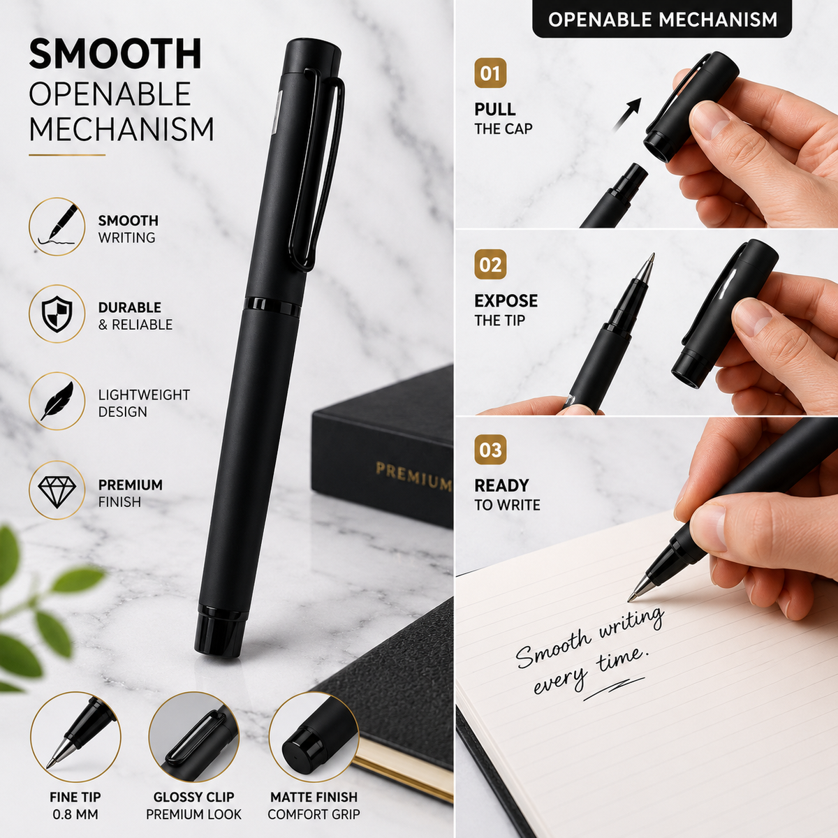 Ballpen Bazaar Ballpen Bazaar Matt Black Ball Pen with Black Cap | Openable Mechanism | Blue Ink | Premium Metal Pen | 1 Pen with 1 Free Blue Refill with Name Engraving