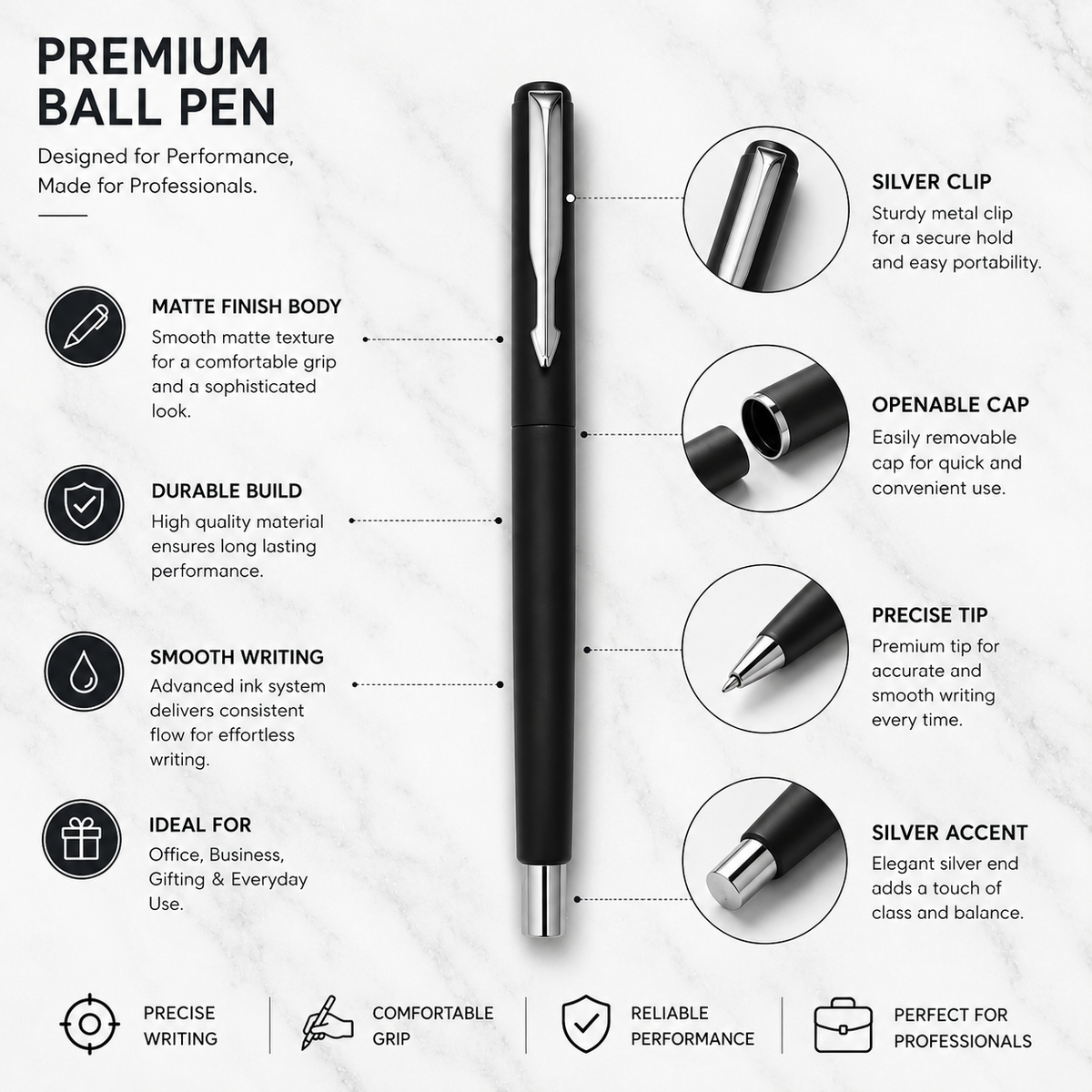 Ballpen Bazaar Ballpen Bazaar Matt Black Ball Pen with Black Cap and Silver Clip | Openable Metal Pen | Blue Ink | 1 Pen with 1 Extra Blue Refill | Premium Writing Pen with Name Engraving