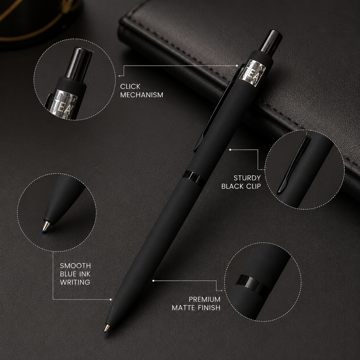Ballpen Bazaar Ballpen Bazaar Matt Black Ball Pen with Glossy Black Clip | Click Mechanism | Blue Ink | Premium Metal Pen | 1 Pen with 1 Extra Blue Refill | Pack of 1 with Name Engraving
