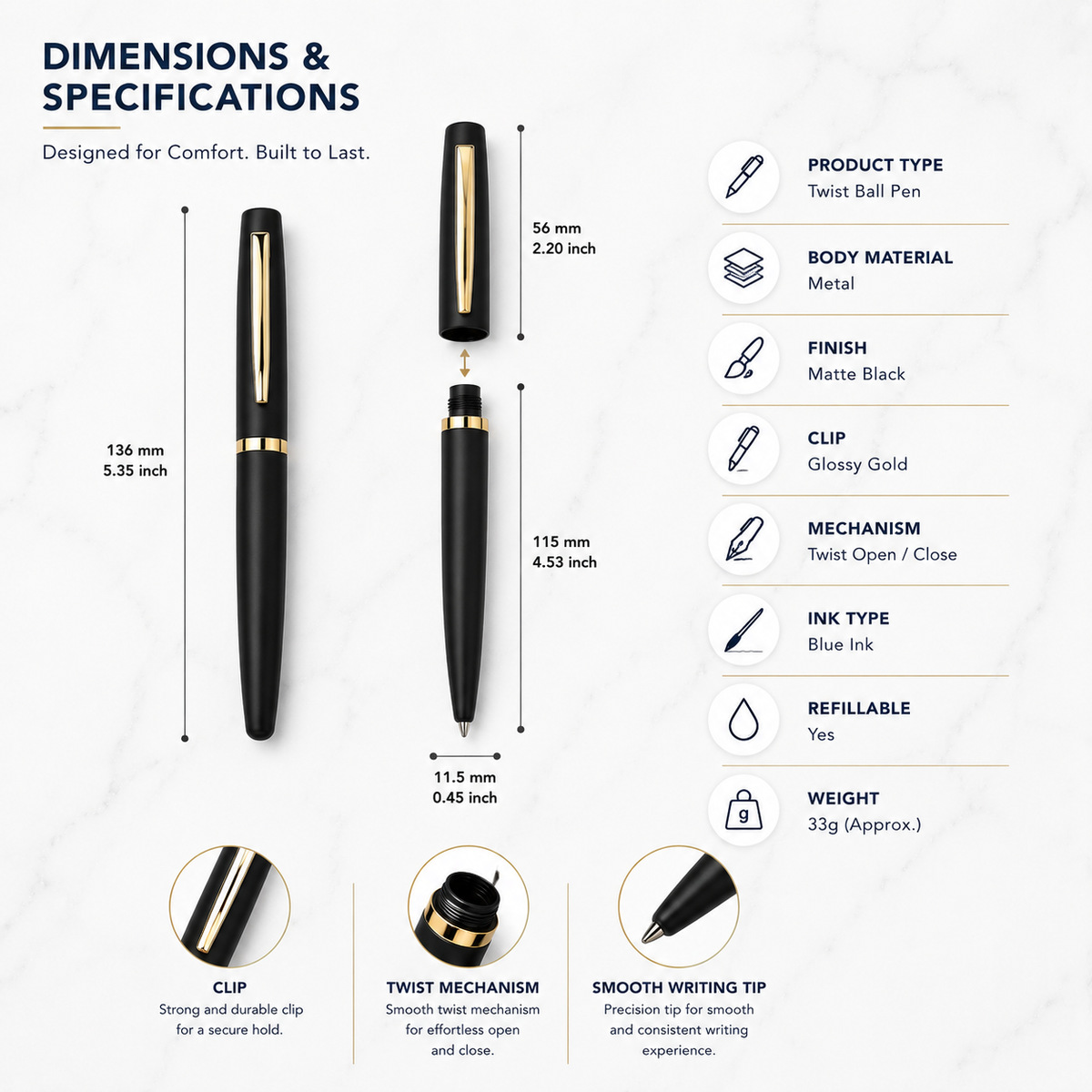 Ballpen Bazaar Ballpen Bazaar Matt Black Ball Pen with Gold Clip | Openable Cap Metal Pen | Blue Ink | Premium Executive Writing Pen | 1 Pen with 1 Extra Free Blue Refill with Name Engraving