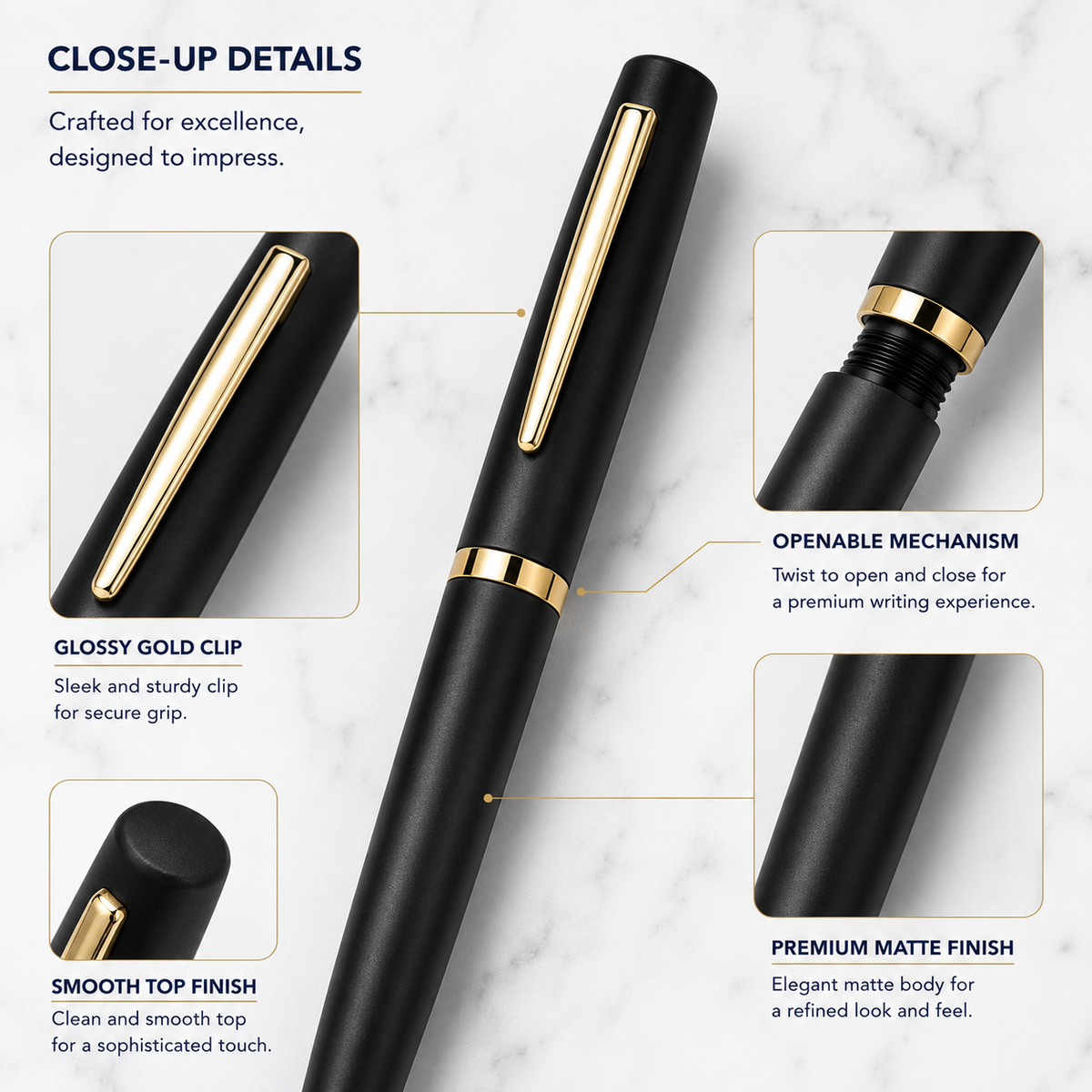 Ballpen Bazaar Ballpen Bazaar Matt Black Ball Pen with Gold Clip | Openable Cap Metal Pen | Blue Ink | Premium Executive Writing Pen | 1 Pen with 1 Extra Free Blue Refill with Name Engraving
