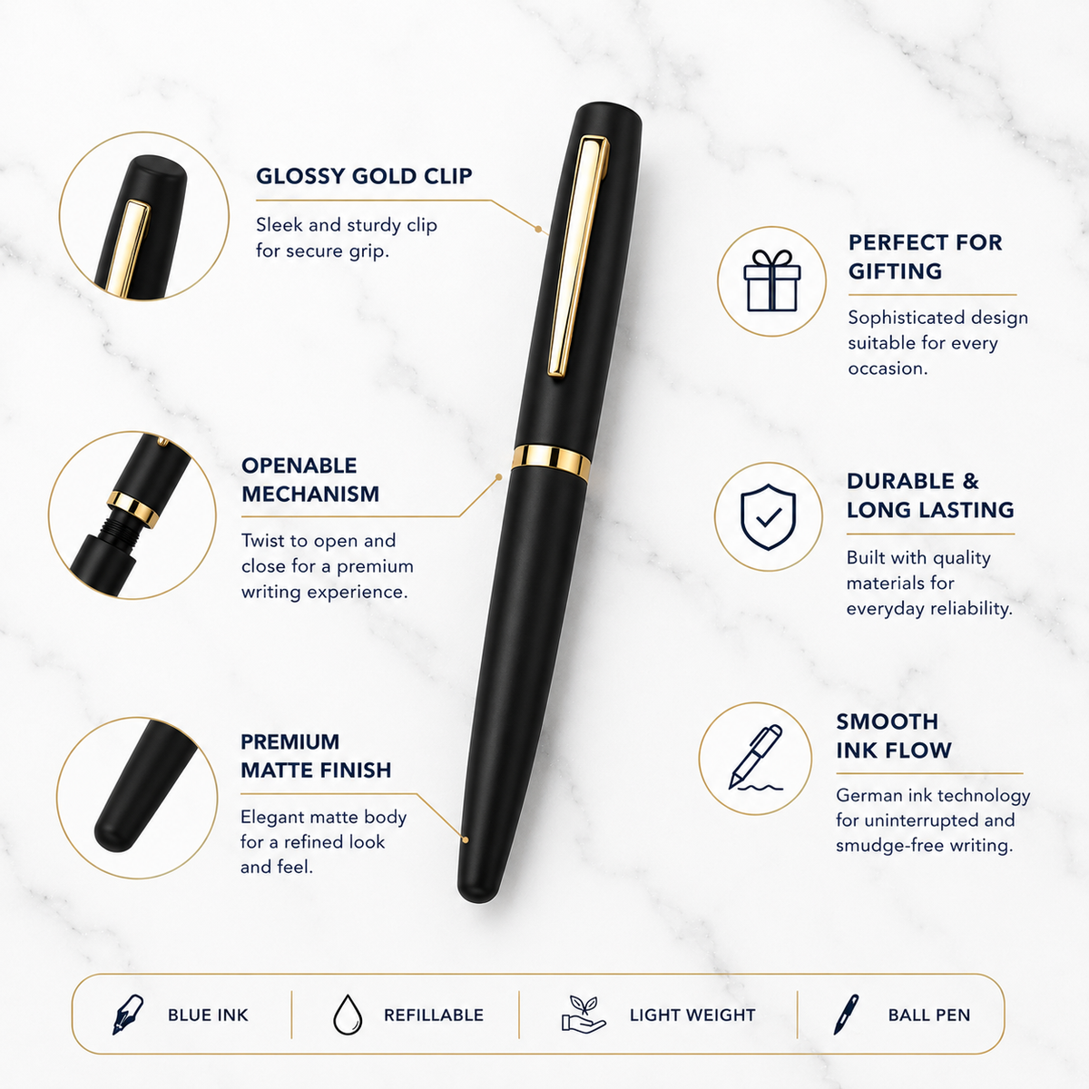 Ballpen Bazaar Ballpen Bazaar Matt Black Ball Pen with Gold Clip | Openable Cap Metal Pen | Blue Ink | Premium Executive Writing Pen | 1 Pen with 1 Extra Free Blue Refill with Name Engraving