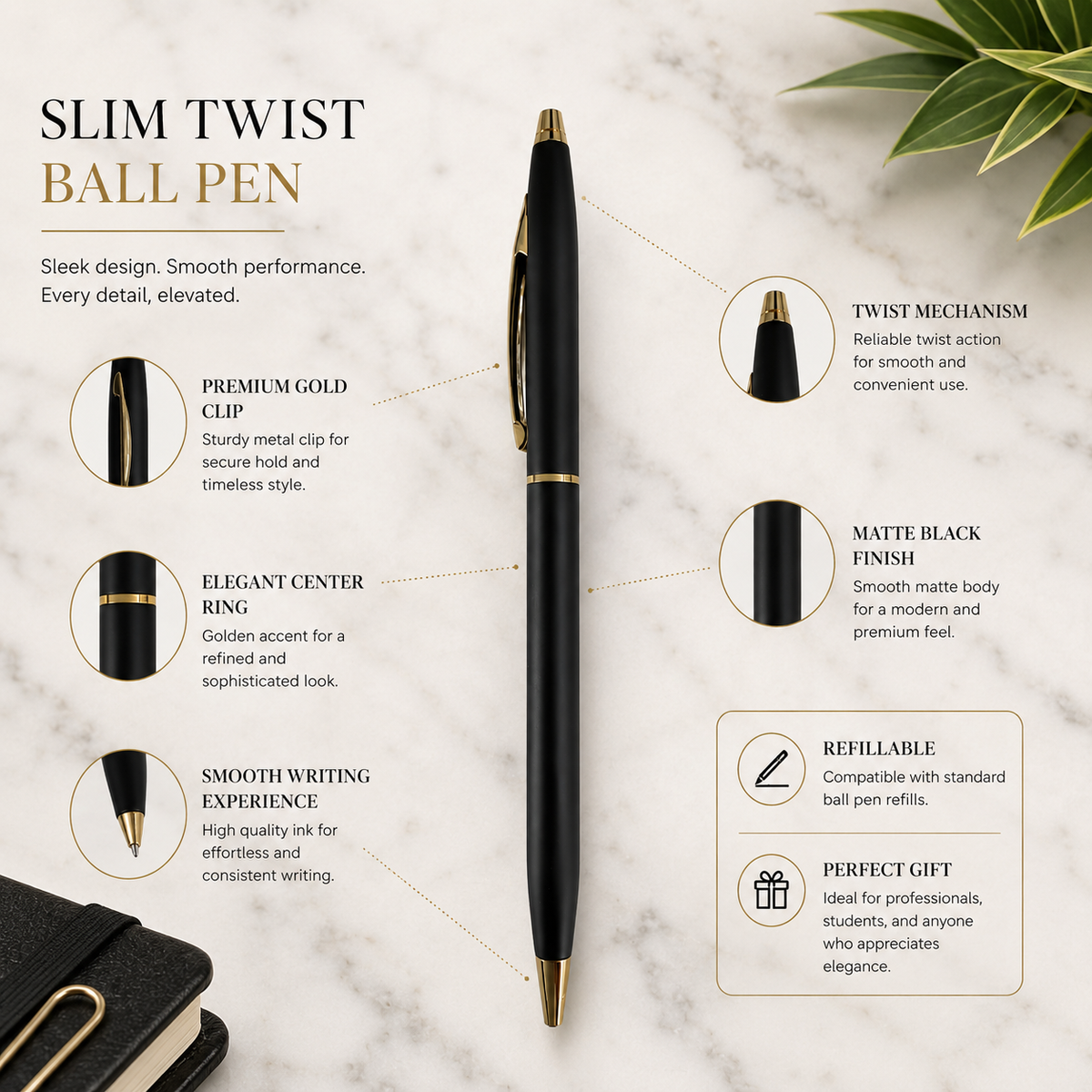 Ballpen Bazaar Ballpen Bazaar Matt Black Ball Pen with Gold Clip Twist Mechanism Blue Ink 1 Pen with Extra Refill with Name Engraving