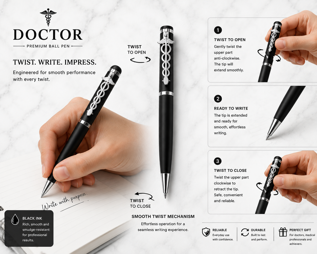 Matt black doctor symbol ball pen with silver clip, twist mechanism and black ink