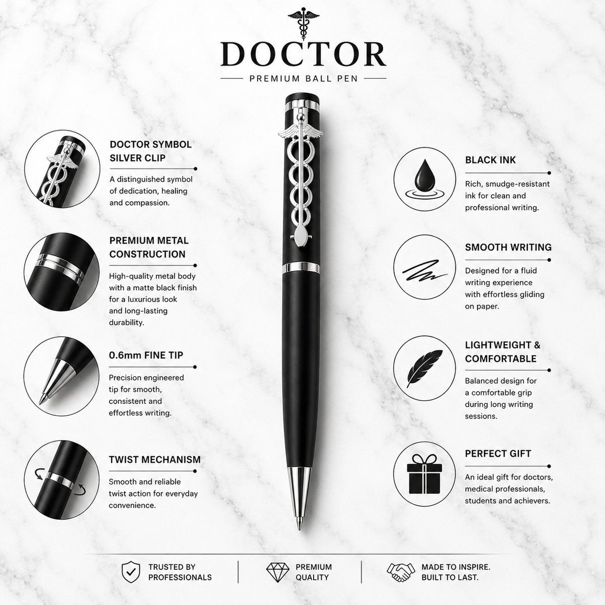 Matt black doctor symbol ball pen with silver clip, twist mechanism and black ink