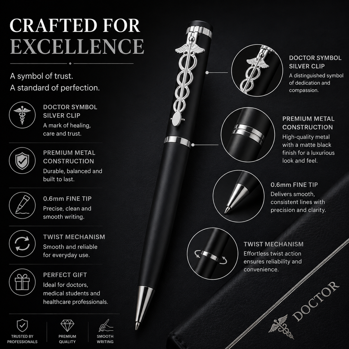 Matt black doctor symbol ball pen with silver clip, twist mechanism and black ink