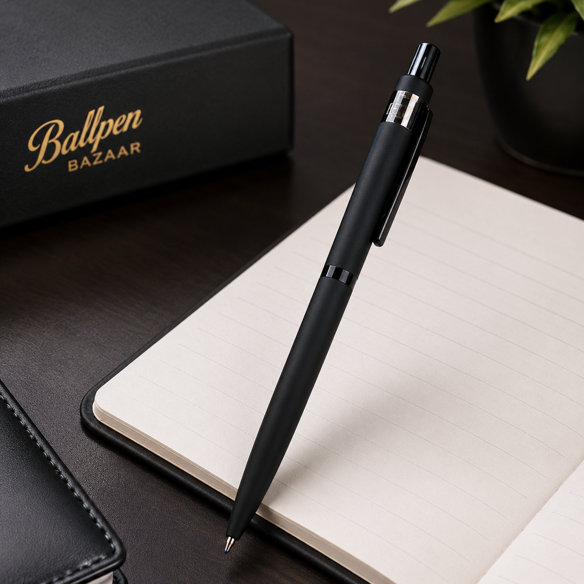 Ballpen Bazaar Ballpen Bazaar Matt Black Click Ball Pen Set of 2 with 2 Extra Blue Refills | Black Glossy Clip | Premium Metal Pen with Name Engraving