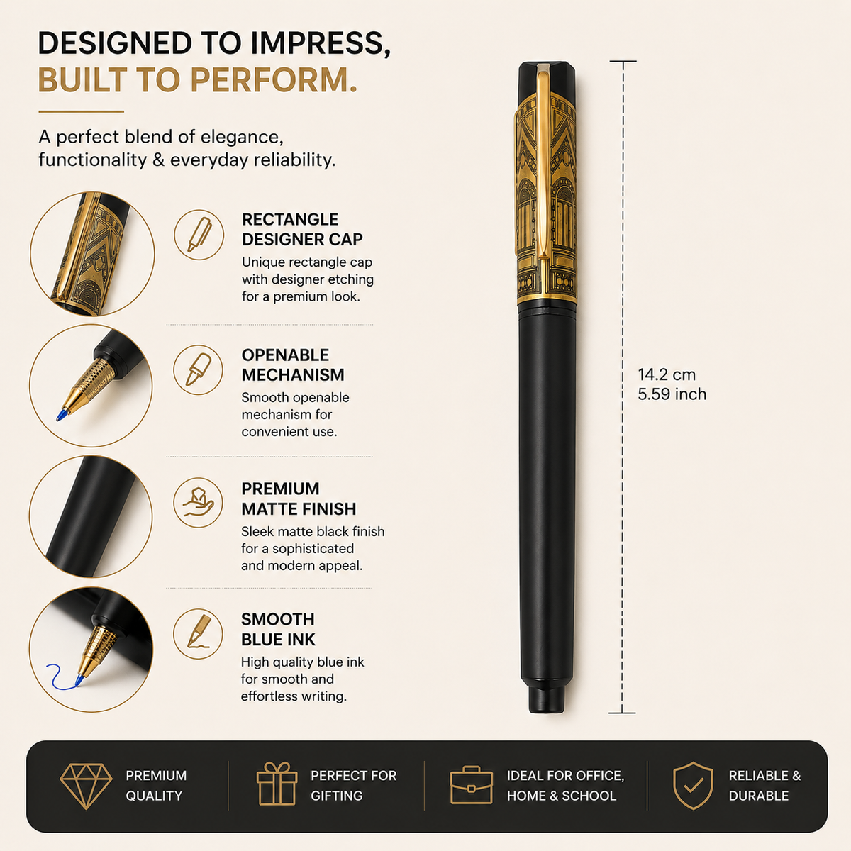 Ballpen Bazaar Ballpen Bazaar Matt Black Rectangle Metal Ball Pen with Engraved Black Cap & Gold Clip | Openable Mechanism | Blue Ink | 1 Pen with 1 Extra Refill with Name Engraving
