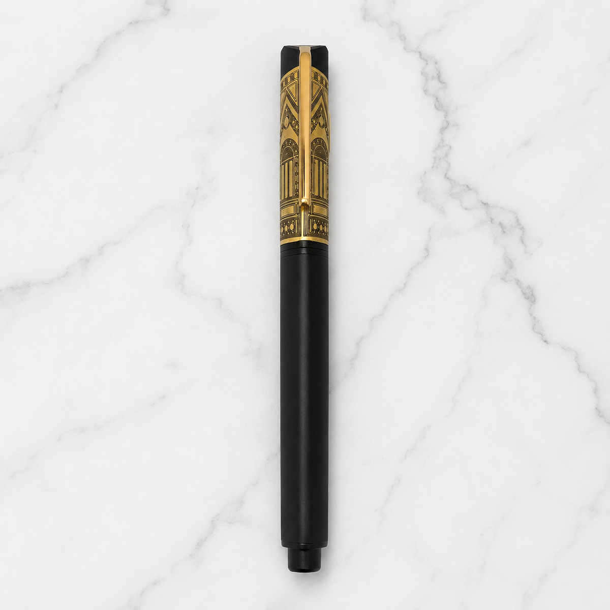 Ballpen Bazaar Ballpen Bazaar Matt Black Rectangle Metal Ball Pen with Engraved Black Cap & Gold Clip | Openable Mechanism | Blue Ink | 1 Pen with 1 Extra Refill with Name Engraving