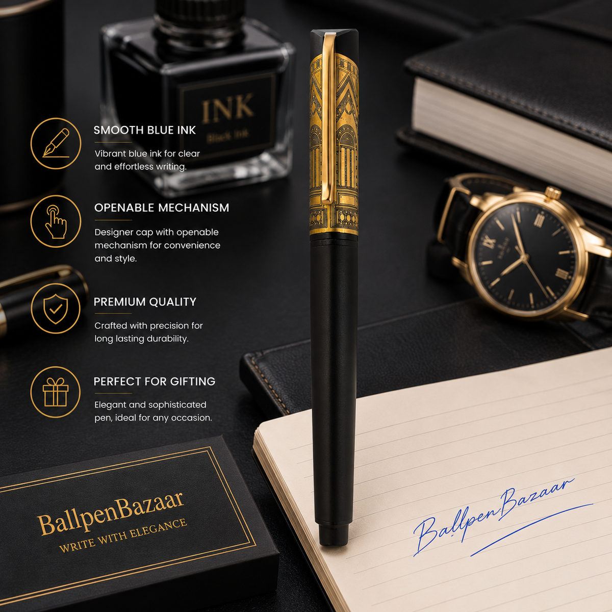 Ballpen Bazaar Ballpen Bazaar Matt Black Rectangle Metal Ball Pen with Engraved Black Cap & Gold Clip | Openable Mechanism | Blue Ink | 1 Pen with 1 Extra Refill with Name Engraving