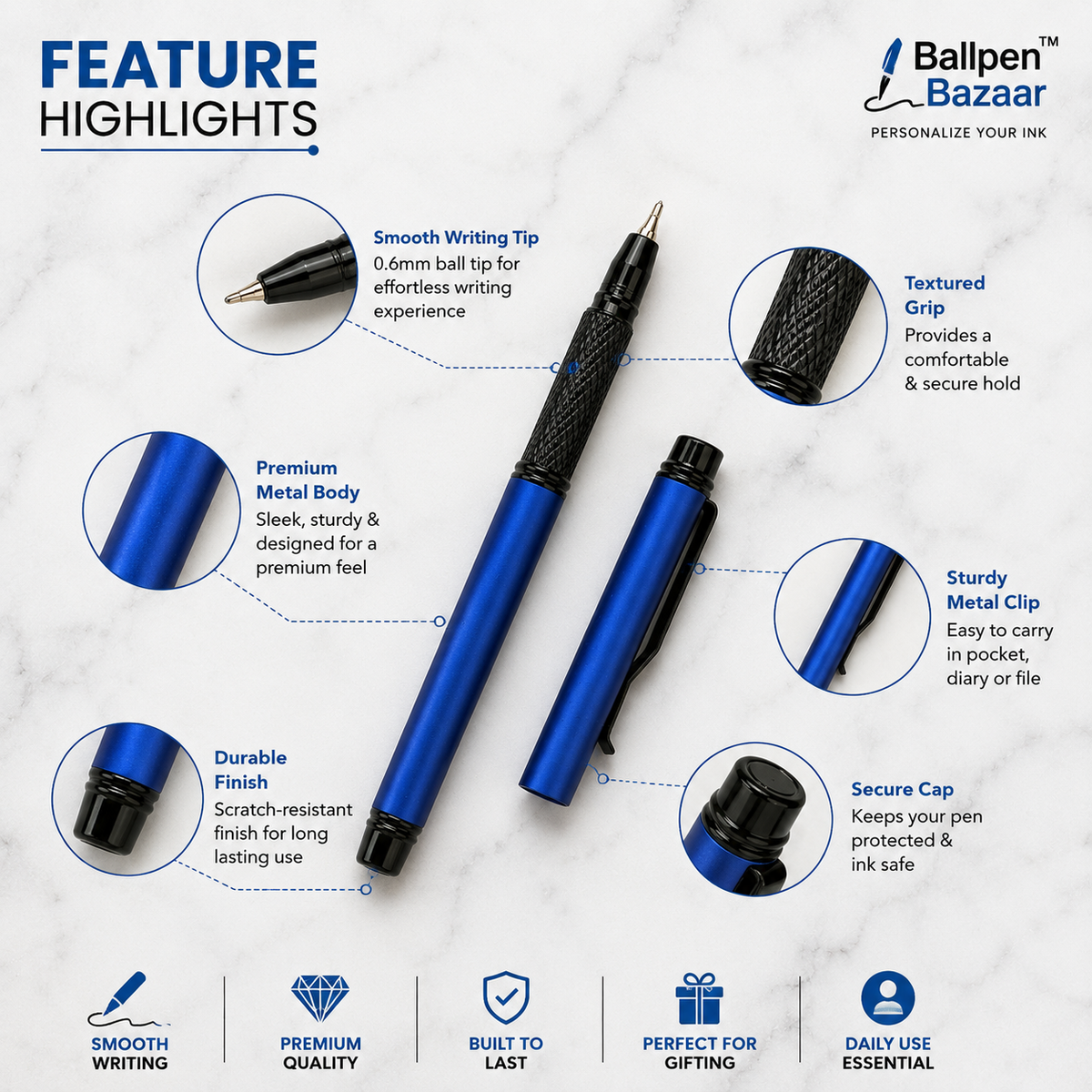 Ballpen Bazaar Ballpen Bazaar Matt Blue Mini Metal Ball Pen with Matt Blue Cap and Glossy Black Clip | Openable Cap | Blue Ink | 1 Pen with 1 Extra Refill with Name Engraving