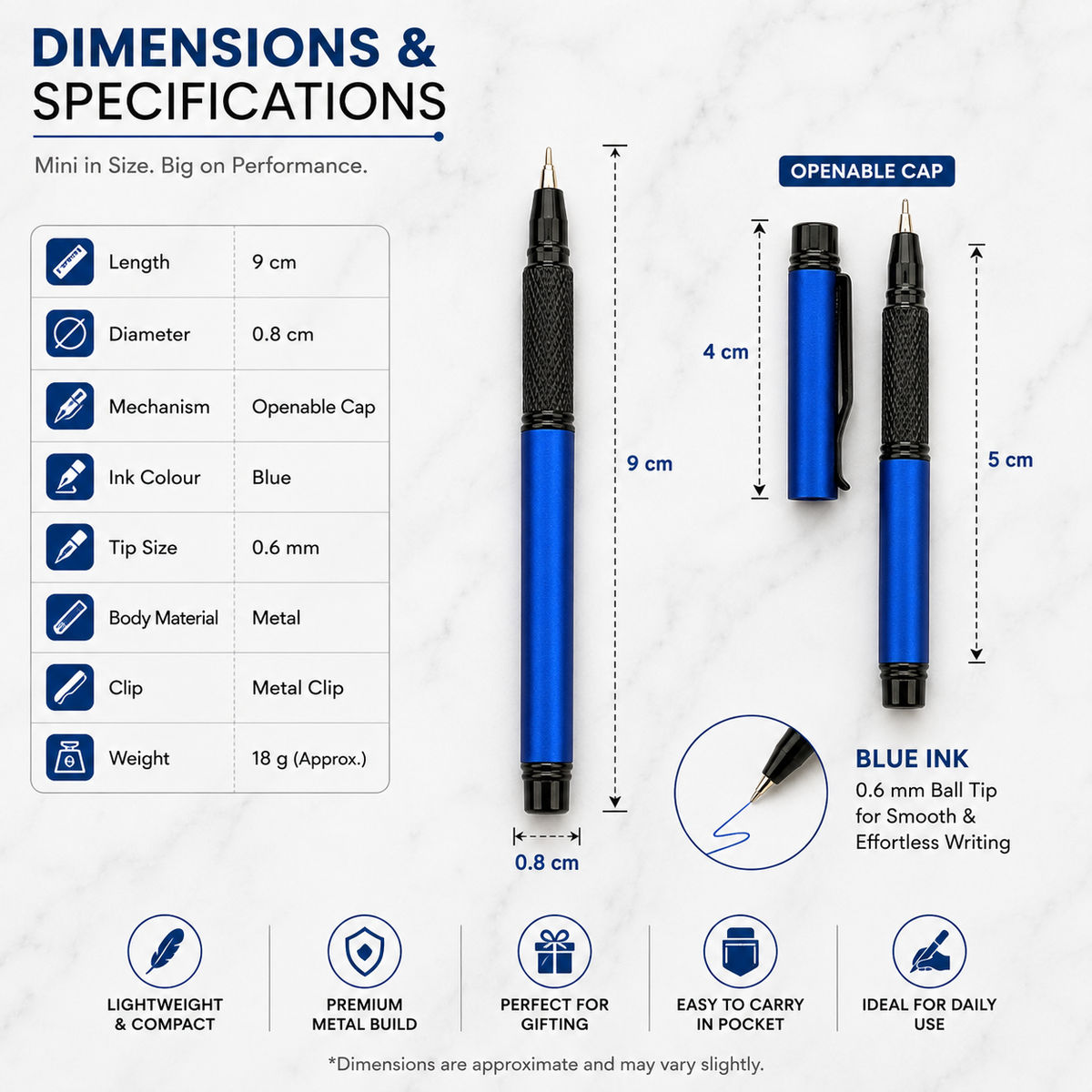 Ballpen Bazaar Ballpen Bazaar Matt Blue Mini Metal Ball Pen with Matt Blue Cap and Glossy Black Clip | Openable Cap | Blue Ink | 1 Pen with 1 Extra Refill with Name Engraving
