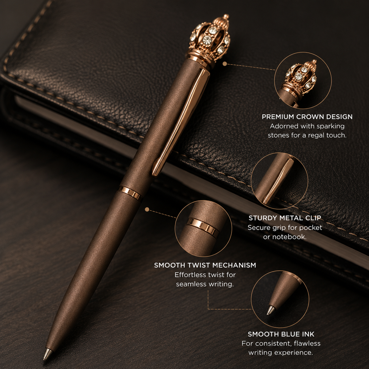Ballpen Bazaar Ballpen Bazaar Matt Brown Ball Pen with Brown Clip & Diamond Crown Top | Twist Mechanism | Blue Ink | Premium Metal Pen | 1 Pen with 1 Free Blue Refill with Name Engraving