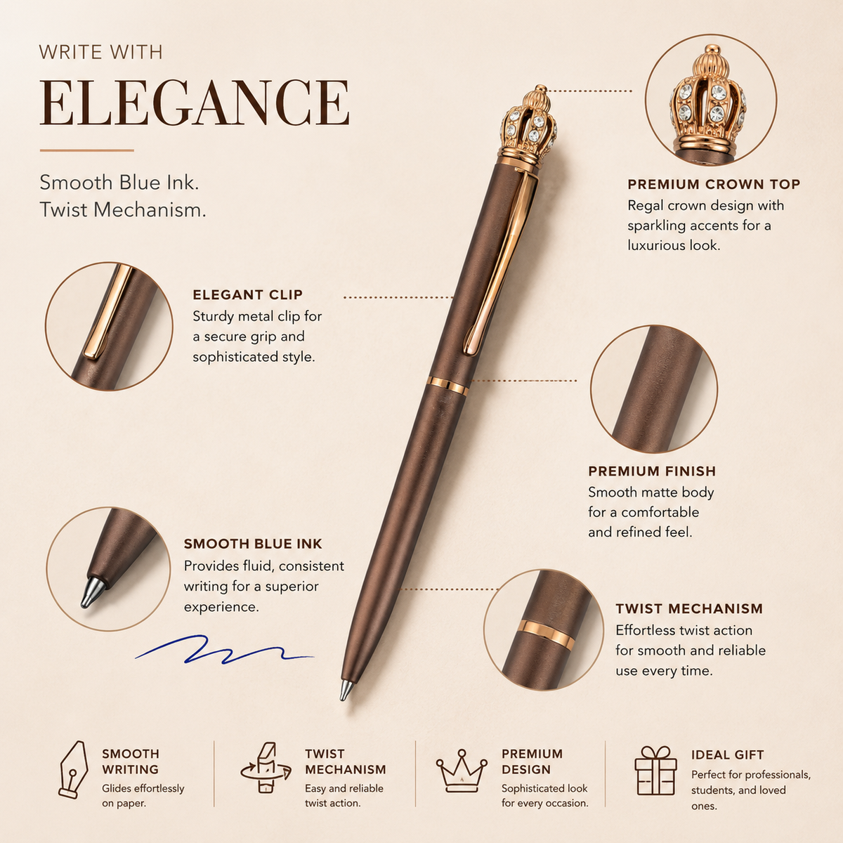 Ballpen Bazaar Ballpen Bazaar Matt Brown Ball Pen with Brown Clip & Diamond Crown Top | Twist Mechanism | Blue Ink | Premium Metal Pen | 1 Pen with 1 Free Blue Refill with Name Engraving