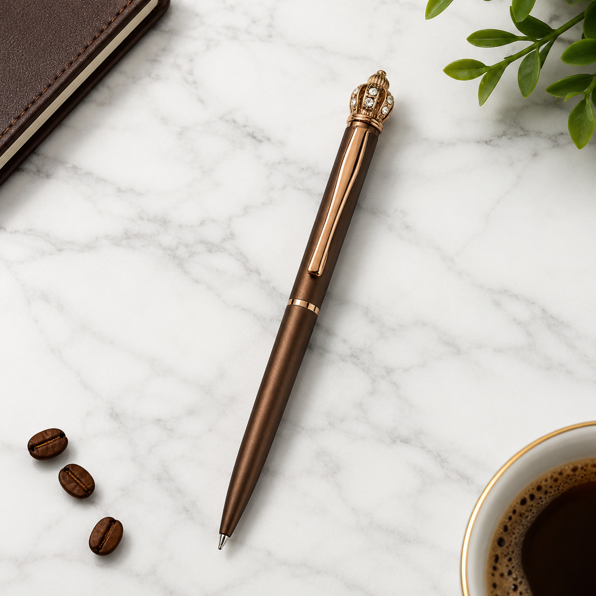Ballpen Bazaar Ballpen Bazaar Matt Brown Ball Pen with Brown Clip & Diamond Crown Top | Twist Mechanism | Blue Ink | Premium Metal Pen | 1 Pen with 1 Free Blue Refill with Name Engraving