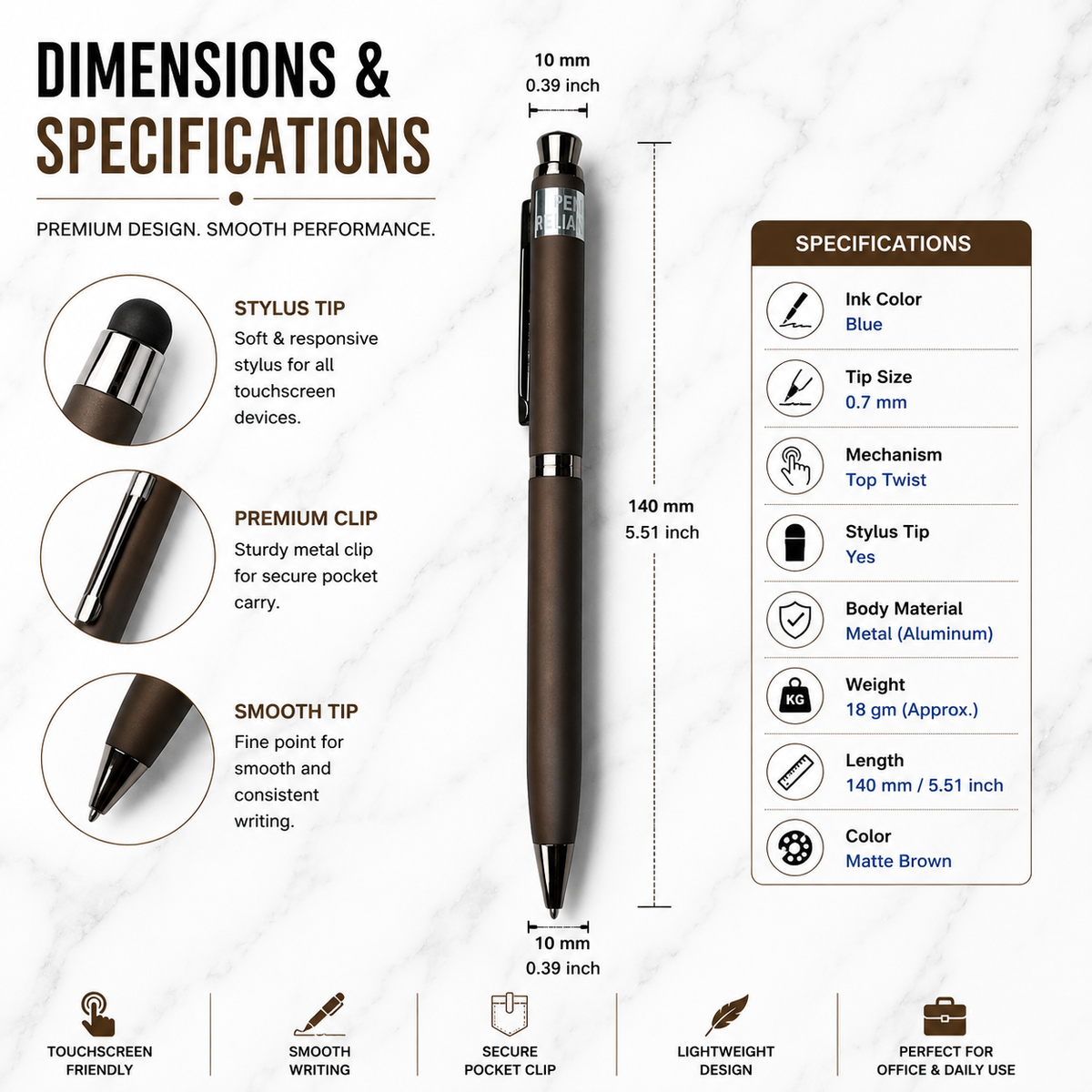 Ballpen Bazaar Matt Brown Ball Pen with Brown Clip & White Diamond Top | Twist Mechanism | Blue Ink | Premium Metal Executive Pen | 1 Pen with 1 Extra Blue Refill | Gift Pen with Name Engraving