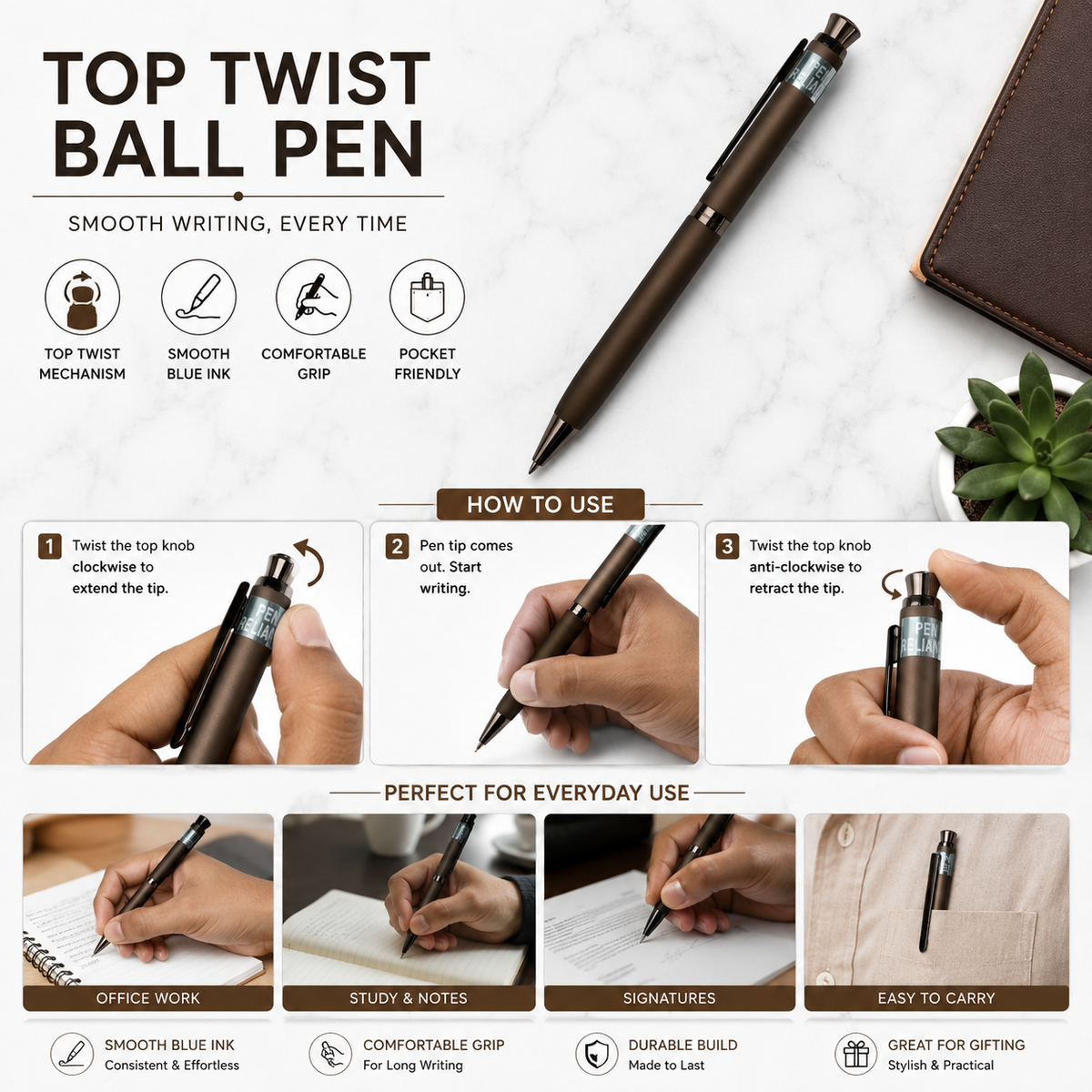 Ballpen Bazaar Matt Brown Ball Pen with Brown Clip & White Diamond Top | Twist Mechanism | Blue Ink | Premium Metal Executive Pen | 1 Pen with 1 Extra Blue Refill | Gift Pen with Name Engraving