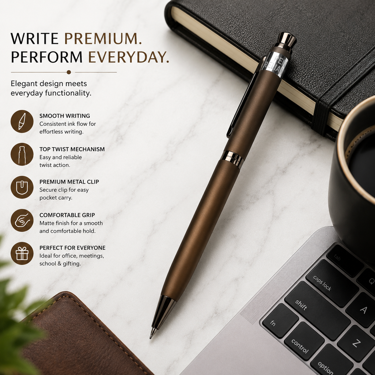 Ballpen Bazaar Matt Brown Ball Pen with Brown Clip & White Diamond Top | Twist Mechanism | Blue Ink | Premium Metal Executive Pen | 1 Pen with 1 Extra Blue Refill | Gift Pen with Name Engraving