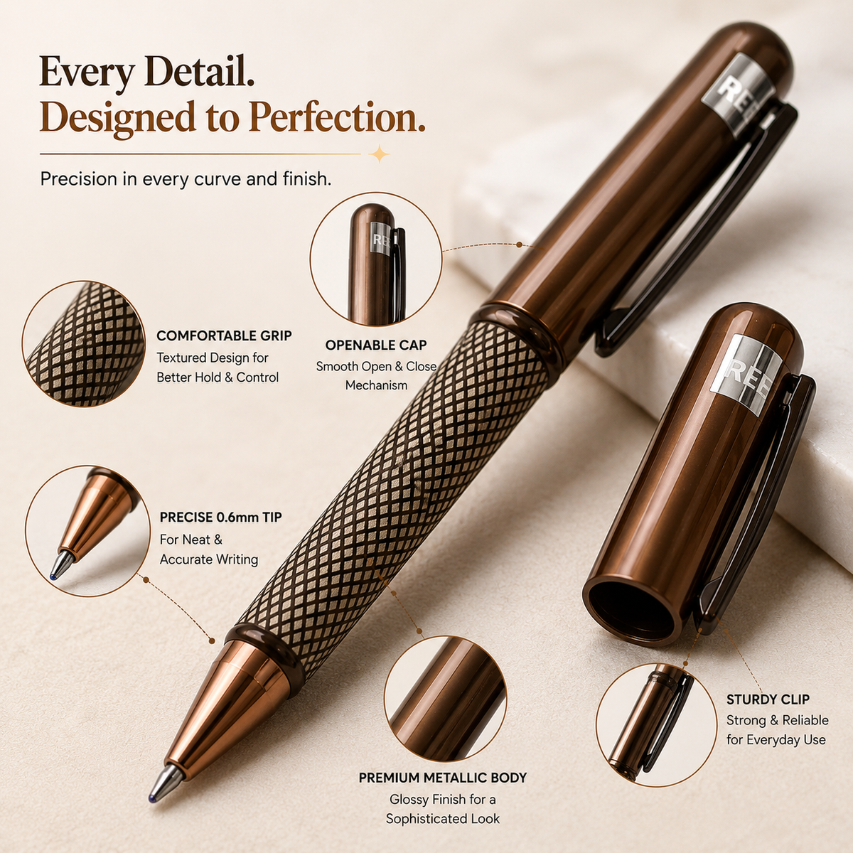 Ballpen Bazaar Ballpen Bazaar Matt Coffee Ball Pen with Magnetic Cap, White Design, Black Ink, 1 Pen with Extra Refill with Name Engraving