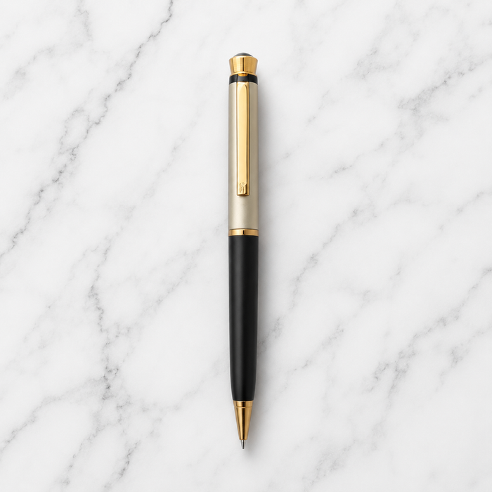 Ballpen Bazaar Ballpen Bazaar Matt Cream & Black Dual Colour Ball Pen with Gold Clip and Diamond Top | Twist Mechanism | Blue Ink | Premium Metal Pen | 1 Pen with 1 Extra Blue Refill with Name Engraving