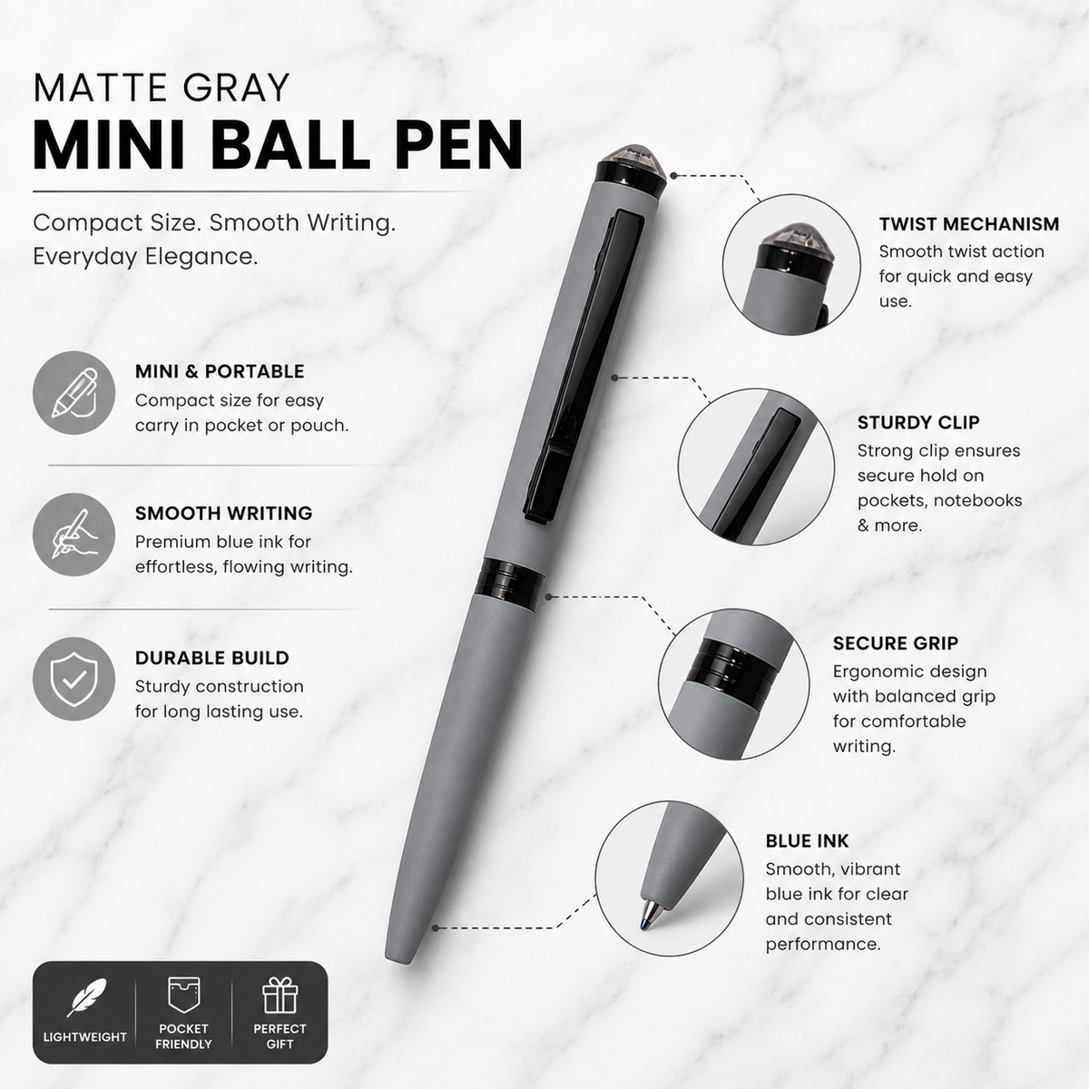 Ballpen Bazaar Ballpen Bazaar Matt Gray Colour Body with Glossy Black Colour Clip Twist Mechanism Mini Ball Pen | Blue Ink | 1 Free Refill | 1 Pc with Name Engraving