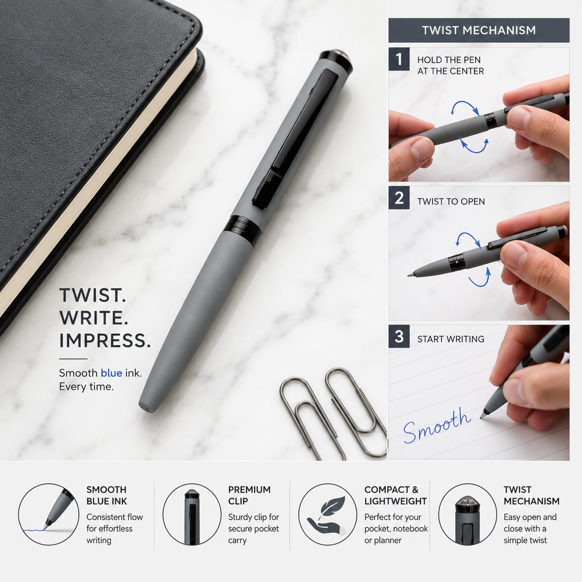 Ballpen Bazaar Ballpen Bazaar Matt Gray Colour Body with Glossy Black Colour Clip Twist Mechanism Mini Ball Pen | Blue Ink | 1 Free Refill | 1 Pc with Name Engraving