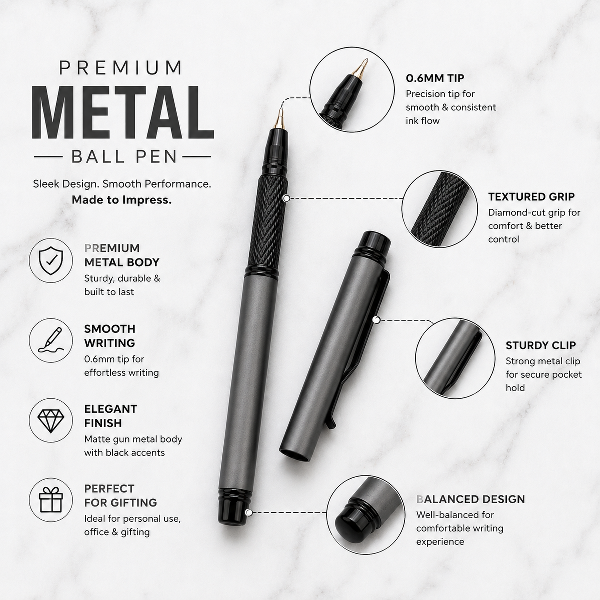 Ballpen Bazaar Ballpen Bazaar Matt Gray Mini Metal Ball Pen with Matt Gray Cap & Glossy Black Clip | Openable Cap | Blue Ink | 1 Pen with 1 Extra Refill with Name Engraving
