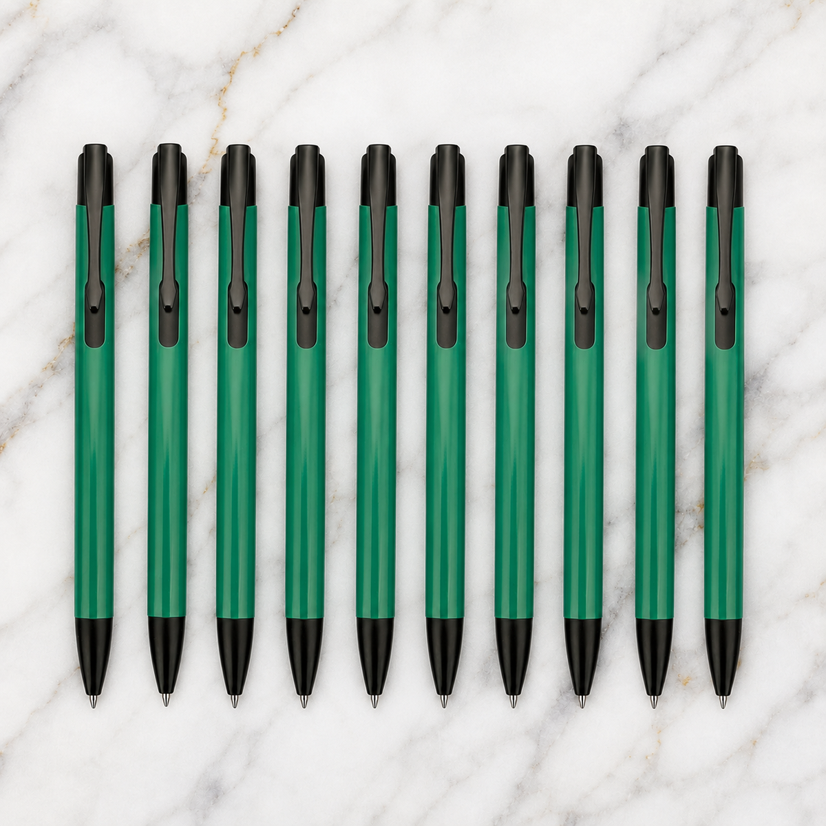 Ballpen Bazaar Ballpen Bazaar Matt Green Colour Body with Glossy Black Colour Clip Click Mechanism Ball Pen Set of 10 with 10 Extra Blue Ink Refills Premium Metal Pens for Office School Business Gifting with Name Engraving